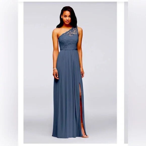 David's Bridal One Shoulder Lace Dress, Size 12, Steel Blue, Bridesmaid Prom - Picture 1 of 3